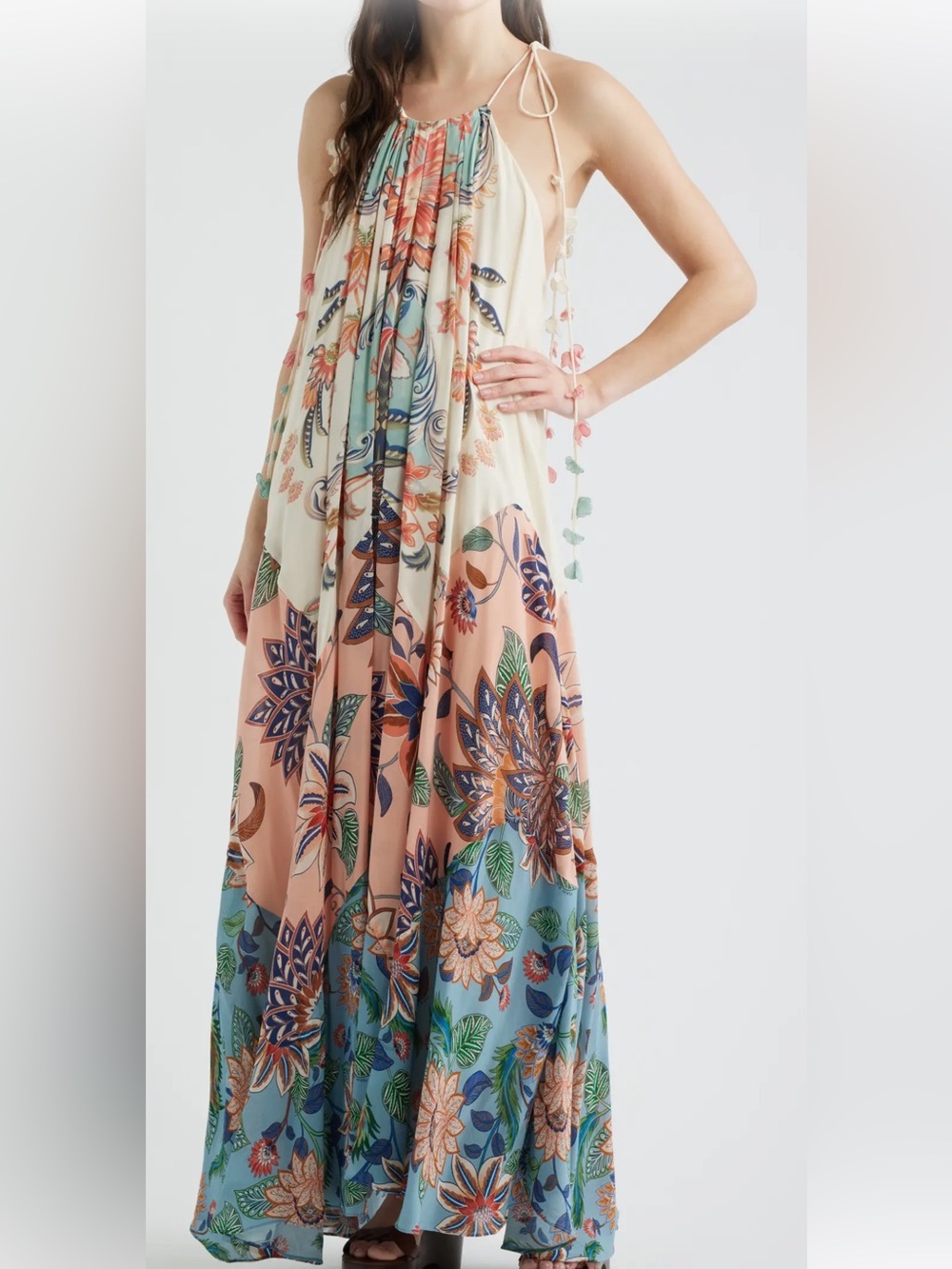 FARM Rio Cream, Peach & Blue Floral Halter Maxi Dress